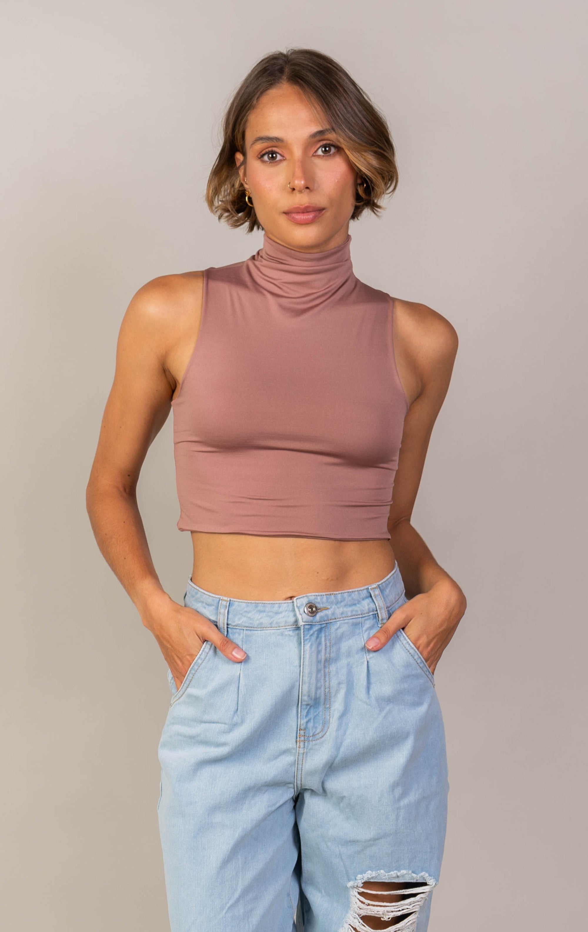 Camiseta Sin Mangas De Cuello Alto Para Mujer - Algodón Elástico, Espalda Cruzada, Ajustada